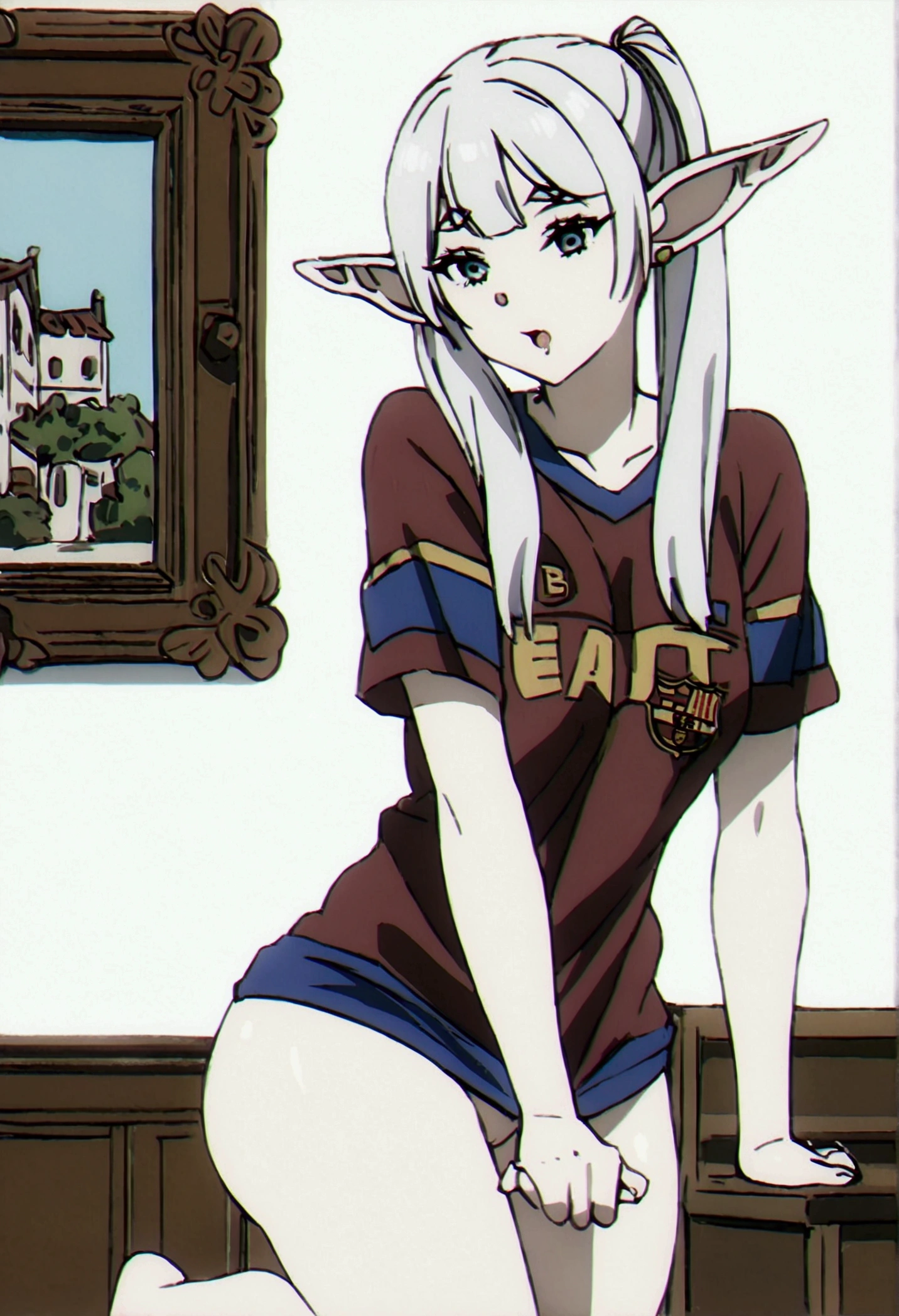 (best quality, Artwork),sexually,  erotic, 18+, NSFW, 1 girl, 1 , dressed in the Barcelona shirt, elf ear 