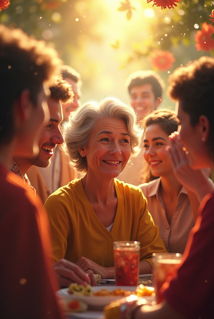 A middle-aged woman who is loved and admired by many people。There are people around the woman who smile and talk to her.。The surroundings are sparkling