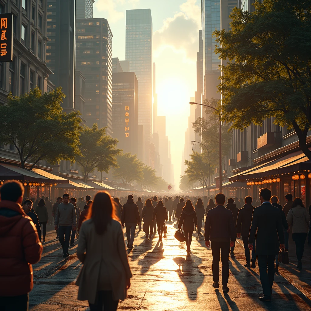 A beautiful city with tall buildings, a busy street, people walking on the sidewalks, dramatic lighting, cinematic atmosphere, intricate architectural details, sunny day, vibrant colors, photorealistic, 8k, HDR, hyper detailed, extremely sharp focus, stunning composition, dramatic shadows and highlights, glowing lights, reflections on the wet pavement, crowds of pedestrians, cars and traffic, lush greenery, a sense of energy and movement, (best quality,4k,8k,highres,masterpiece:1.2),ultra-detailed,(realistic,photorealistic,photo-realistic:1.37)