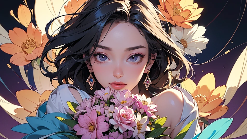 32K, 最高quality, 最高masterpiece, (ultra-Detailed Background, Detailed Background), High resolution, Super detailed, Very detailedな, 1 personの, (bouquet:1.3), (Tangled:1.2), (Geometric:1.2),(colorful),(masterpiece, quality, best quality, Official Art, Beautiful and beautiful:1.2), (1 person:1.3), Very detailed,(colorful:1.1)(Flowers:1.3),Most detailed,(Tangled:1.2), whole body, (Abstract background:1.3), (Skin glows), (Many colors:1.4), ,(Earrings Jewelry:1.5), Gradient Background, It's imaginative., Flaxen Hair,