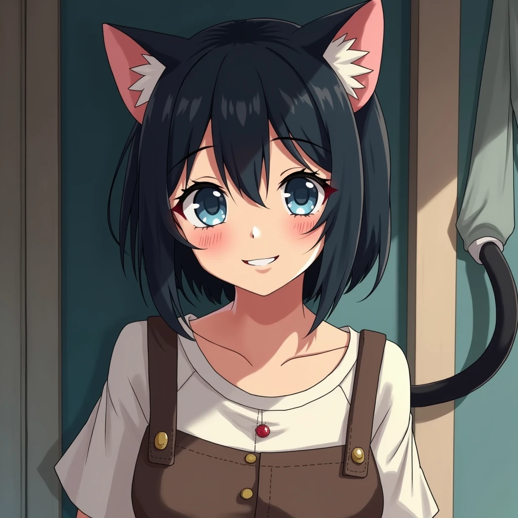 Best Quality, Beautiful woman, black hair, short hair, blue eyes, Upper part of the body, cat ears, medieval clothing, shirt, Brown work pants, unused hood, Beautiful woman, Smile with open mouth showing small fangs, soft body, slender, normal breasts, firm and round. Konosuba style. age woman.