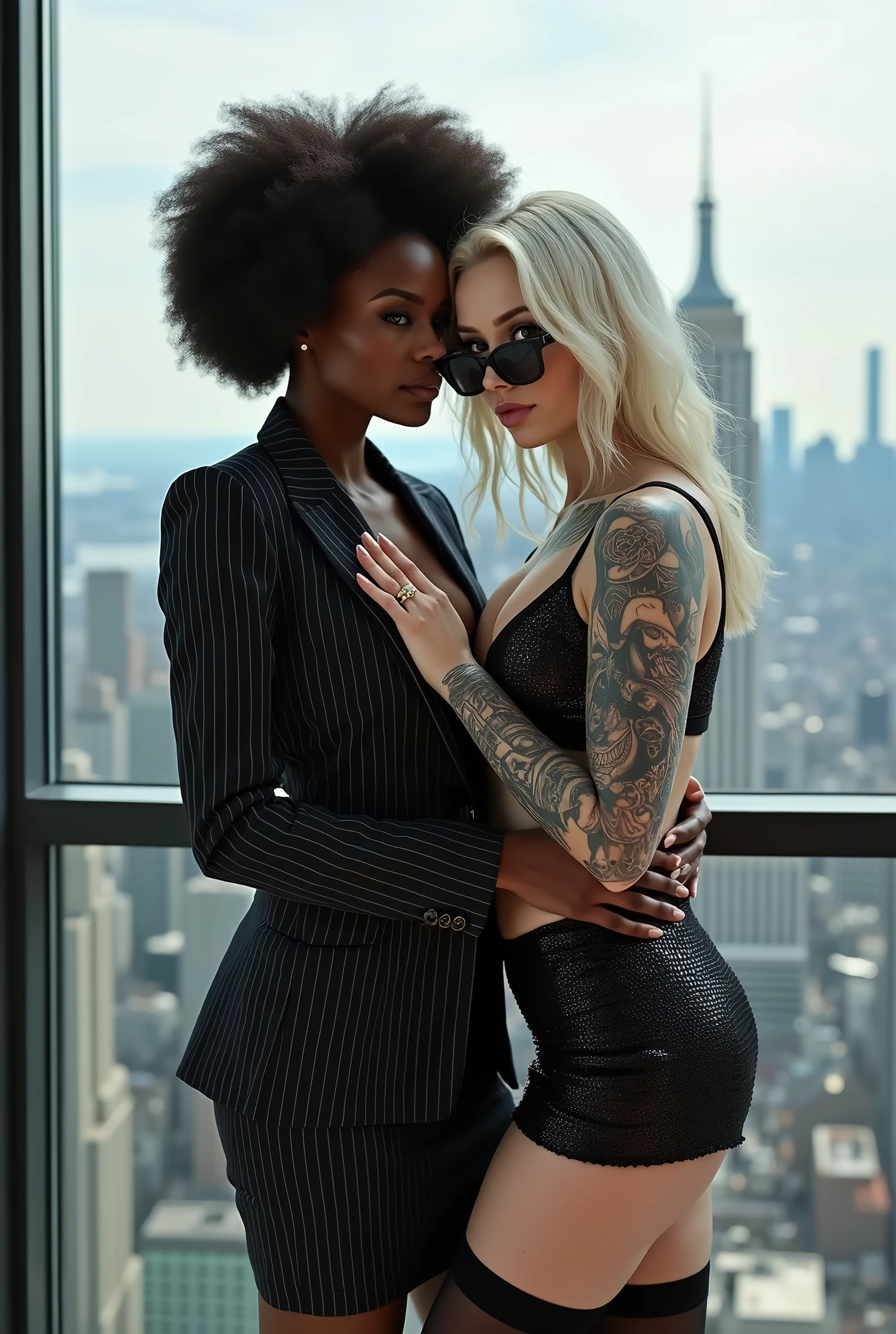 Two russian old milf women: the dominant aggressive dark skinned  black woman in business pinstripe cropped blazer, pinstripe pencil skirt and white silk blouse, long nails and afro hair, standing up with separated legs and possessive stance showing off her new white girlfriend to the camera with her hands on her girlfriend's waist and grabbing her arm.  Next to her, her white rich drunk girlfriend looks at the camera  (white woman is very pale: pale face, pale neck, pale chest, pale arms, pale hands, pale stomach, pale leg), white woman stretches her neck and looks at the camera. White woman leans on her girlfriend . White woman stands up with separated legs. White woman wears low rise back sequins mini skirt and black silk stockings, platinum blonde hair (pouf, top bun, saved sides, wide colourful bandana as headband) and the white woman wears oversized square maxi sunglasses. Big lips with no makeup. White woman Black sequins push up bra. Barefoot.. white woman wears a Lot of thick metallic bracelets in the wrists  and big pearl necklaces around the neck. White woman wears Wide loose studded belt with big solid buckle. Loose chains around the hips of the white woman. White woman is leaning back on her girlfriend.. The white woman is densely tattooed on neck, tattoed chest, tattoed stomach, tattoed legs, wrists and feet. White woman has well Toned abdominals, thin neck, slim legs and thin arms. White woman has Narrow hips and noticeable tigh gap. The body of the white woman is twisted in a lazy pose .in the balcony of a skyscraper in nyc