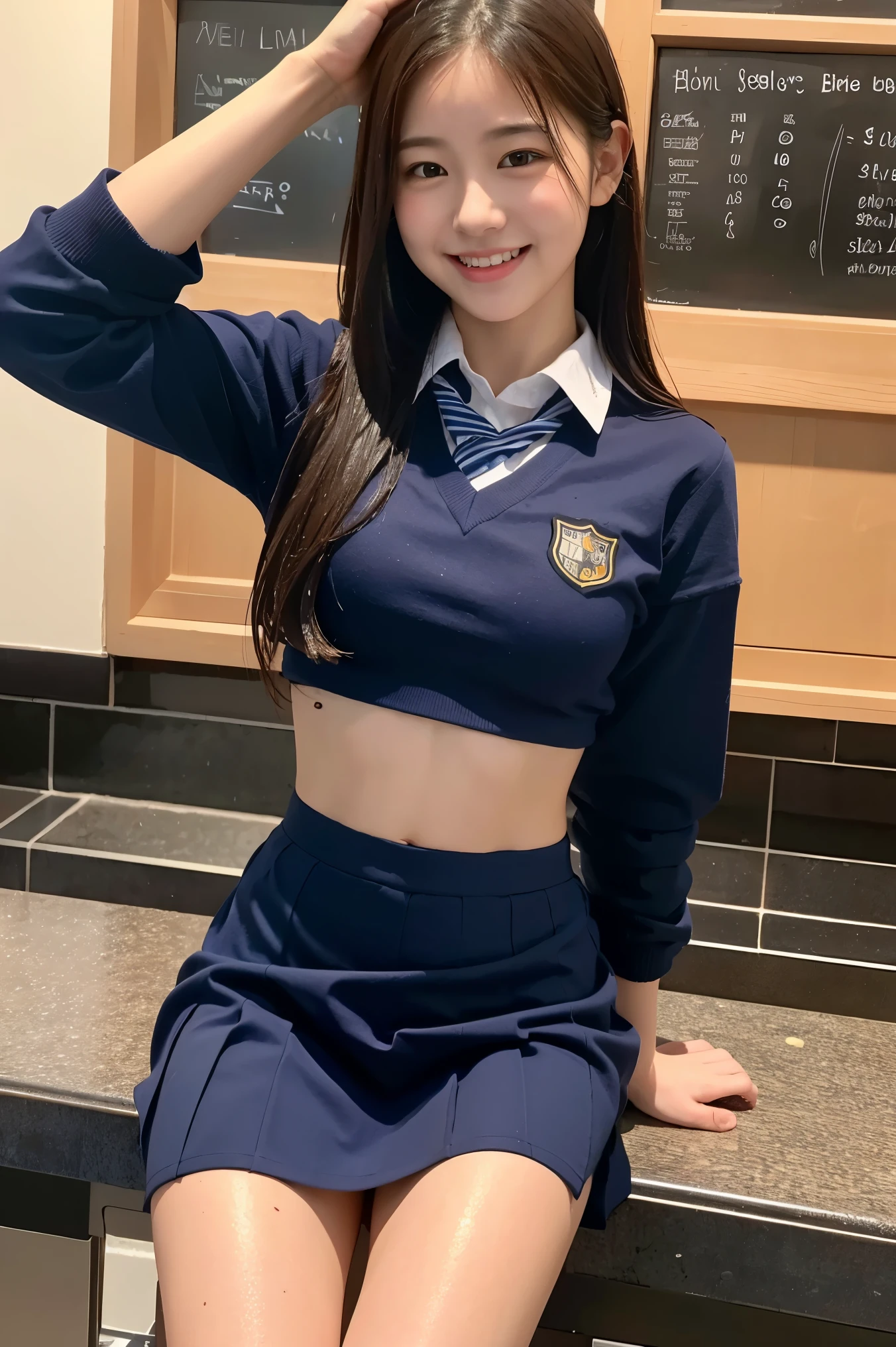 (8k), (highest quality: 1.2), (realistic), (realistic: 1.37), ultra high resolution, 1 girl, cute, smile, closed mouth, beautiful details, beautiful nose, whole body, wet hair, giant dulcefo, pork, school uniform, thighs,selfie,Navel exposed,