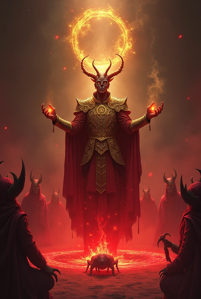magician, red magic, red water, golden ring, gilded outfit, ten mens, part insect, little demon next door, invoking bugbears.