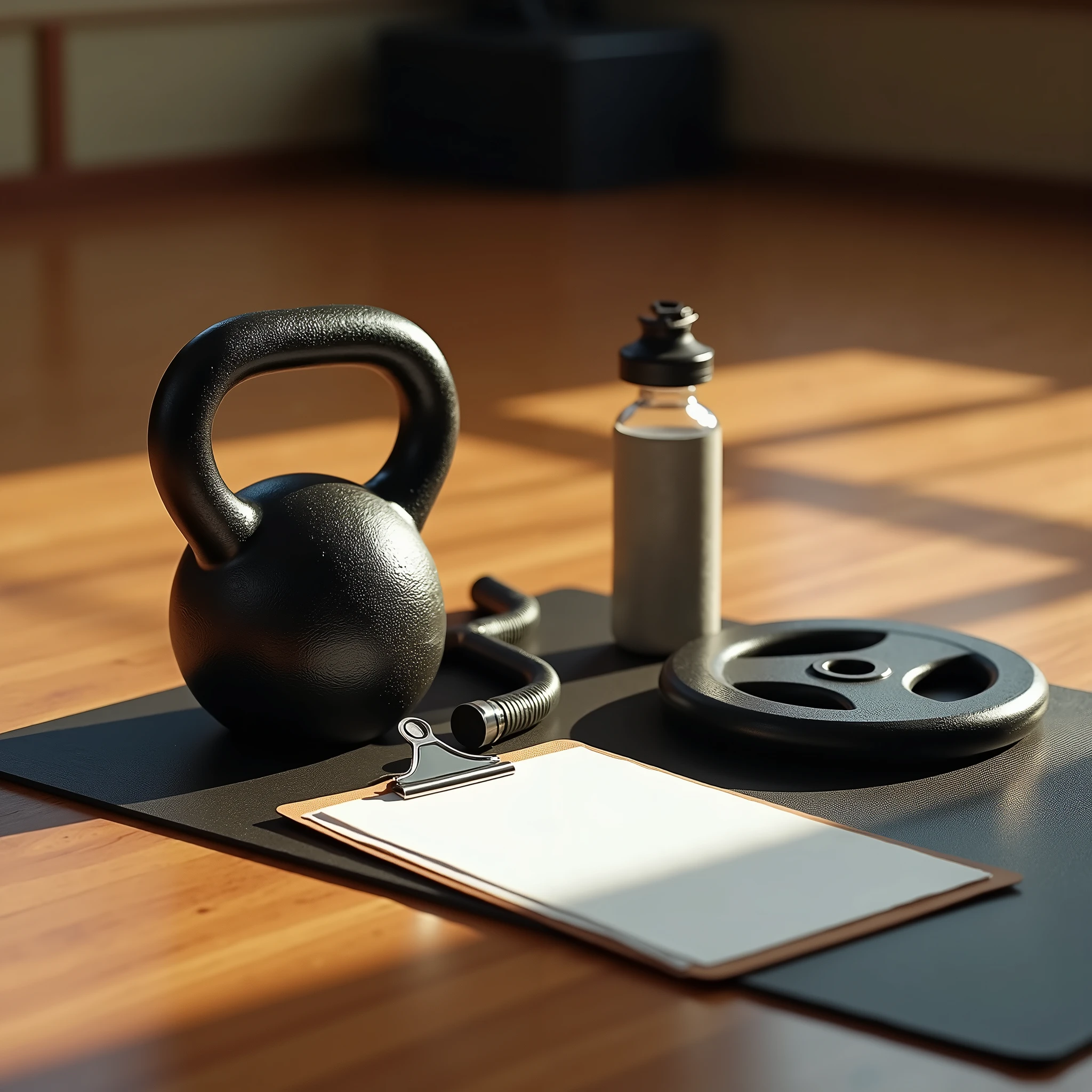 Hyperrealistic close-up of a kettlebell, a paper clipboard, a water bottle, a skipping rope and a 10kg weight plate on a yoga mat in a gym with a wooden floor. The scene is shot from a low angle with a 50mm f/1.8 lens, in soft orange natural light. The background is blurred, focusing on the kettlebell and the clipboard with the white sheet of paper, with subtle reflections on the wooden floor.