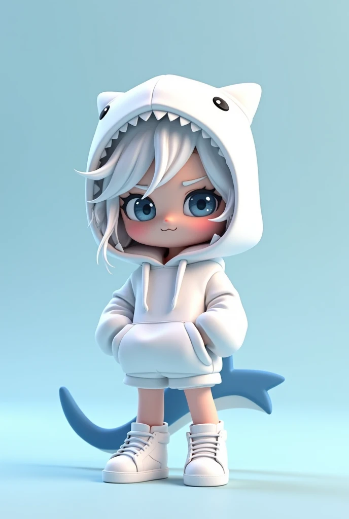 Wearing an oversized white shark-themed hoodie with a hood shaped like a shark's head and a tail on the back、Highly detailed 3D chibi character with messy white long hair。The characters are also、She is wearing matching white shorts and high-top sneakers.、It gives off a cool and edgy vibe.。The character's facial expression is confident、One eyebrow is slightly raised。The background is a soft gradient light blue.、Complements the character's overall color scheme。Style、Focus on streetwear aesthetics、Cute but a little rebellious。