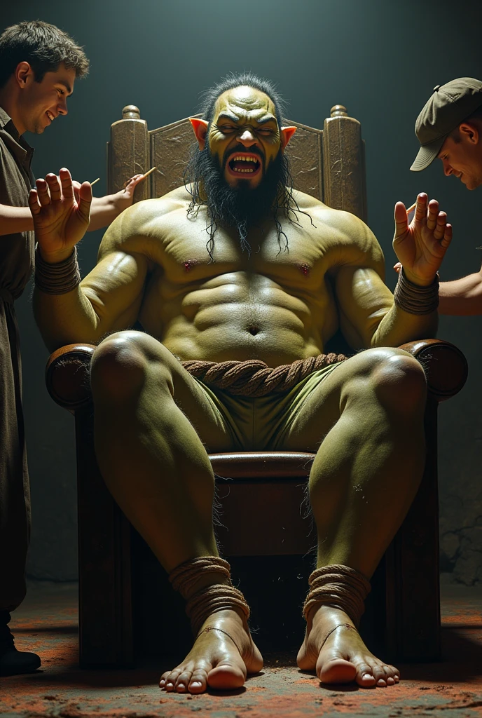 A handsome,Orc with abs tied to a chair,Shoes taken off,Revealing two big bare feet,Both feet are locked in the foot,Feet raised,Soles facing forward,Five toes tied with rope in foot,His hands were tied tightly to the chair.,His upper body was stripped,Wearing only a pair of trousers,Being tickled by a man in a cap,His armpits were constantly tickled by feathers.,The soles of his feet were being scratched by two brushes.,The toes are also tickled by the feathers growing from the toes.。The abdomen is scratched with a brush,And he laughed,Struggling hysterically,Swinging his two feet,I want to escape from this nightmare.,But can only endure the punishment of being tickled。*(Have an expression of laughing like being tickled,Keep your feet elevated,The soles of your feet should face the screen)