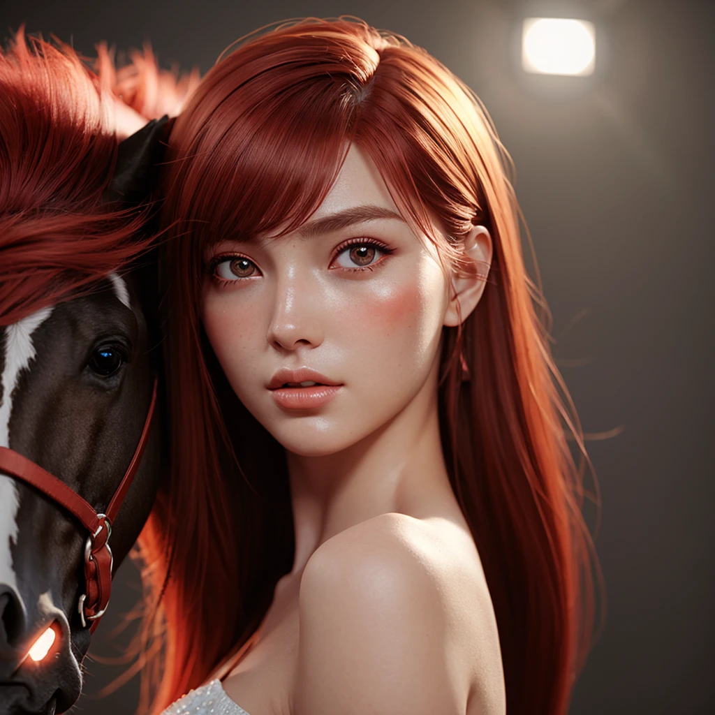 1 girl, star eye, blush, perfect lighting, Red hair, Red eyes, Horse tail, unreal engine, side lighting, detailed face, hits, shiny skin, simple background, dark background, 