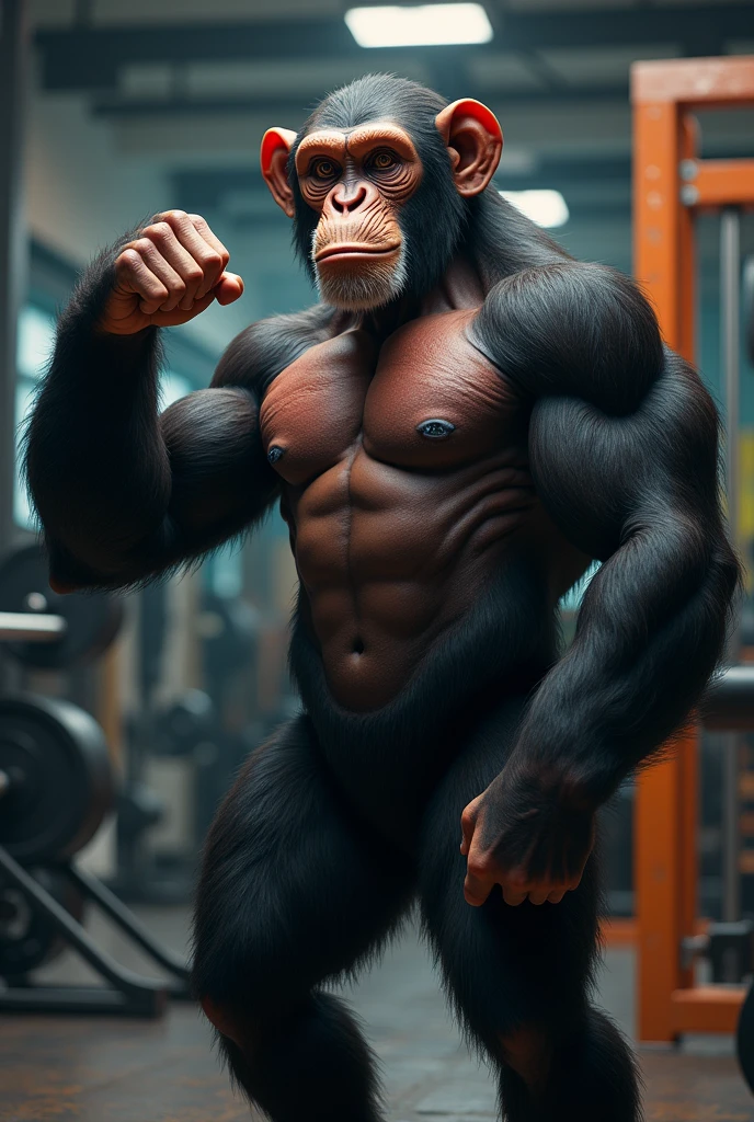 Strong chimpanzee in the gym showing his bicep and saying his name is Joshua
