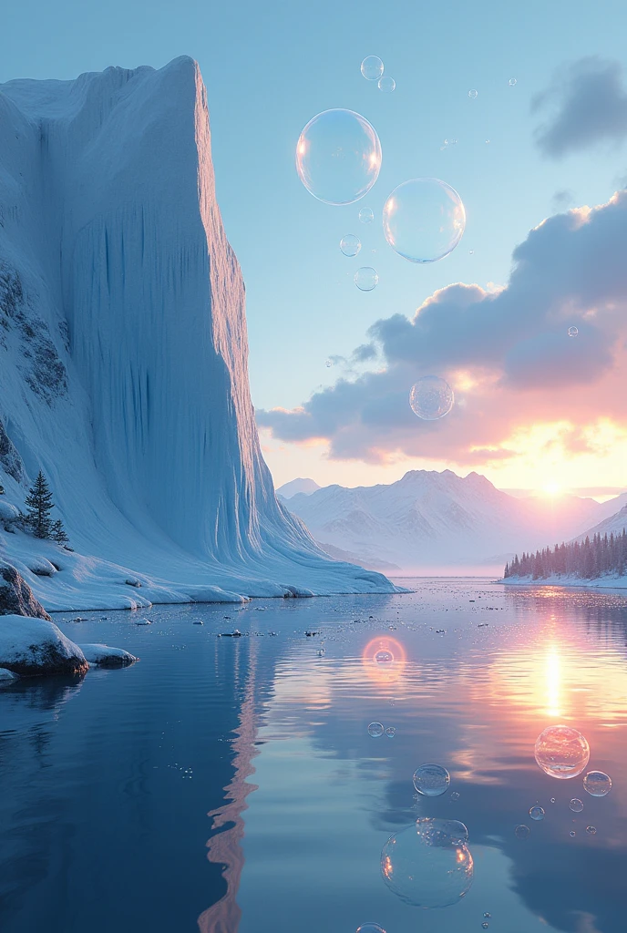 Ultra-high resolution 3D graphics,Showcasing the Glacier wishing on the tranquil shores of a lake. Glacier, Beautifully rendered details, Watch as they gently blow bubbles into the air, Everyone has a hopeful wish. Bubbles capture the reflection of the setting sun, Create a dream, Magical Effects. Overall a calm atmosphere, Full of hope and peace