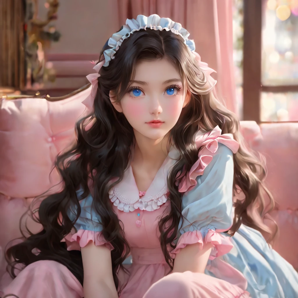 A girl, long hair, wavy hair, dark hair , blue eyes, natural makeup, soft lips, delicate expression, pastel maid style, pink pastel coquette Girl, simple and blurry setting , Sitting, looking at the viewer, better quality