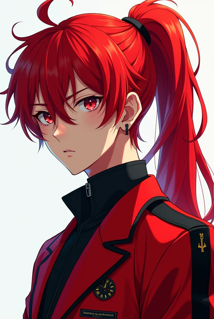 Anime boy with long red hair with a very long Diluc style ponytail with red eyes and a red designer jacket with black color