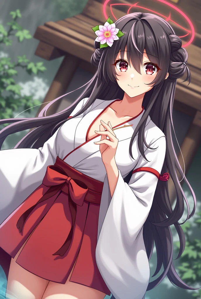 girl in white and red shrine maiden, enchanting, Flower in hair, long hair, refined movements, At a hotspring, super detailed breast cleavage, angelic smile, defined curves, Nipple slip playfully.