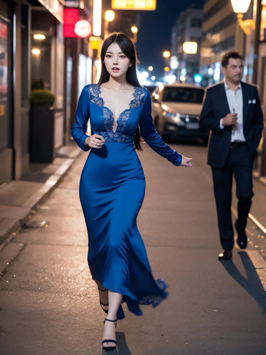 Tang Dynasty Full Dress Tang Dynasty Full Dress On the street in front of the brothel, a young woman in a blue dress with a fierce face is chasing after her husband in a brown dress who is running with a fearful expression on his face, not backing down. The atmosphere in the city at night.