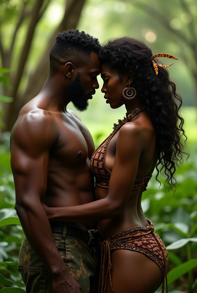 Hot black tribal woman, sexy dress, with white man, outdoor