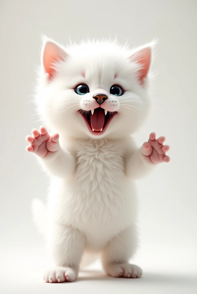 A white kitten with a black and brown nose ,showing his little paws standing up and showing his fangs and looking very happy
