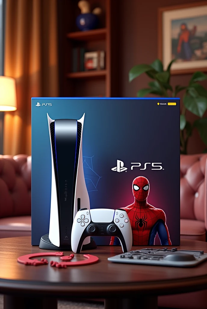 ps5 spiderman edition on a tables with drawing room as background 