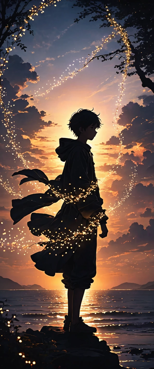 The image depicts a silhouette of a boy standing against a stunning sunset background. The sky transforms from deep black near the horizon to a deep white as it rises. The figure appears to be surrounded by a series of tiny glowing fairy lights, some of which are lit, creating a striking and captivating contrast to the dark silhouette. The figure appears to be extending one arm, perhaps adapting to or interacting with the lights. The overall mood of the image is peaceful and magical.