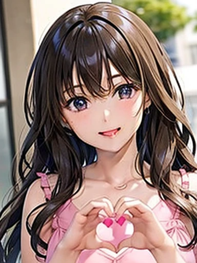 Girl, cute, adorable, smiling, from chest up, straight hair, long hair, black hair, clear weather, sunlight, from above, looking at the camera, heart hands,
make a heart(shape) with fingers, my room, daytime, bra top