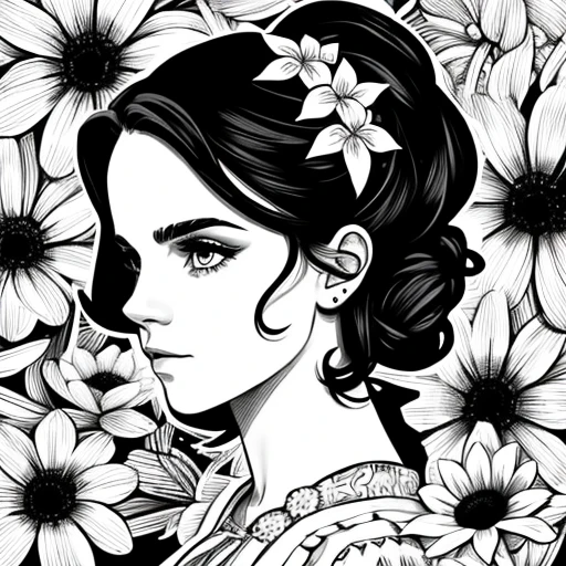 Face de Emma Watson, Black and white stick figure 1 with river lillies flower in the background, I'm wearing a floral dress., your fine ink line art, comic style, Retrato da ploynesian, Marilyn Munroe, Glamour de Hollywood, beautiful line art, comic style preto e branco, manga style, Manga art style, pencil and ink caricature drawing, black and white coloring