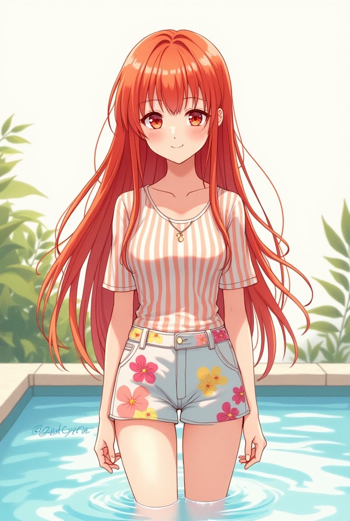 (masterpiece, Best Quality, High resolution: 1.4), detailed, intricate details, 4k, touch of color, Line art, Fibonacci. detail. adolescente slim, young girl, long red hair, Waist length hair, Red eyes, smooth skin, White skin, slim, smiling, gentle. Striped suit and pastel-colored blouse with printed shorts. in pool
