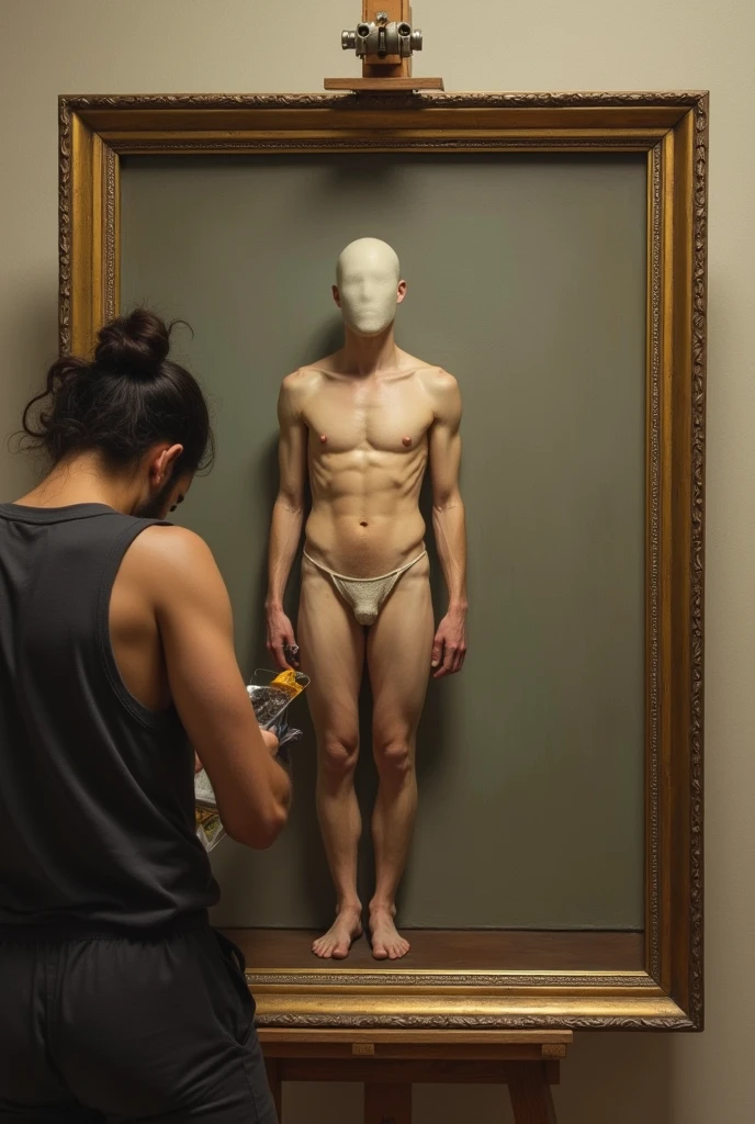 A nude faceless man
inside a picture frame
With his painter 
Painting him