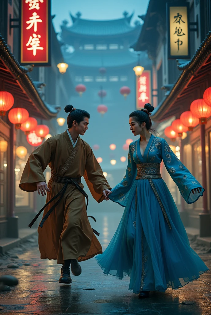 Tang Dynasty Full Dress Tang Dynasty Full Dress On the street in front of the brothel, a young woman in a blue dress with a fierce face is chasing after her husband in a brown dress who is running with a fearful expression on his face, not backing down. The atmosphere in the city at night.