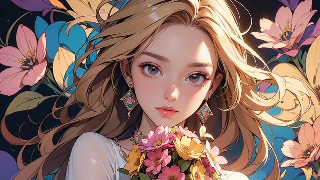 32K, 最高quality, 最高masterpiece, (ultra-Detailed Background, Detailed Background), High resolution, Super detailed, Very detailedな, 1 personの, (bouquet:1.3), (Tangled:1.2), (Geometric:1.2),(colorful),(masterpiece, quality, best quality, Official Art, Beautiful and beautiful:1.2), (1 person:1.3), Very detailed,(colorful:1.1)(Flowers:1.3),Most detailed,(Tangled:1.2), whole body, (Abstract background:1.3), (Skin glows), (Many colors:1.4), ,(Earrings Jewelry:1.5), Gradient Background, It's imaginative., Flaxen Hair,