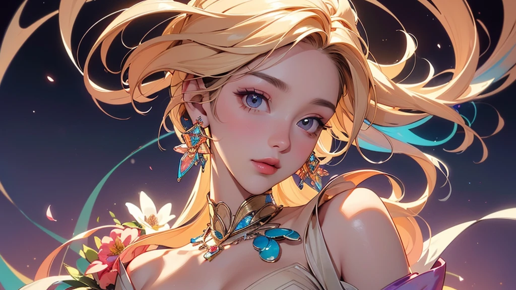 32K, 最高quality, 最高masterpiece, (ultra-Detailed Background, Detailed Background), High resolution, Super detailed, Very detailedな, 1 personの, (bouquet:1.3), (Tangled:1.2), (Geometric:1.2),(colorful),(masterpiece, quality, best quality, Official Art, Beautiful and beautiful:1.2), (1 person:1.3), Very detailed,(colorful:1.1)(Flowers:1.3),Most detailed,(Tangled:1.2), whole body, (Abstract background:1.3), (Skin glows), (Many colors:1.4), ,(Earrings Jewelry:1.5), Gradient Background, It's imaginative., Flaxen Hair,