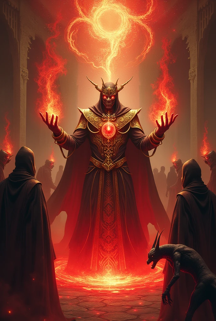 magician, red magic, red water, golden ring, gilded outfit, ten mens, part insect, little demon next door, invoking bugbears.