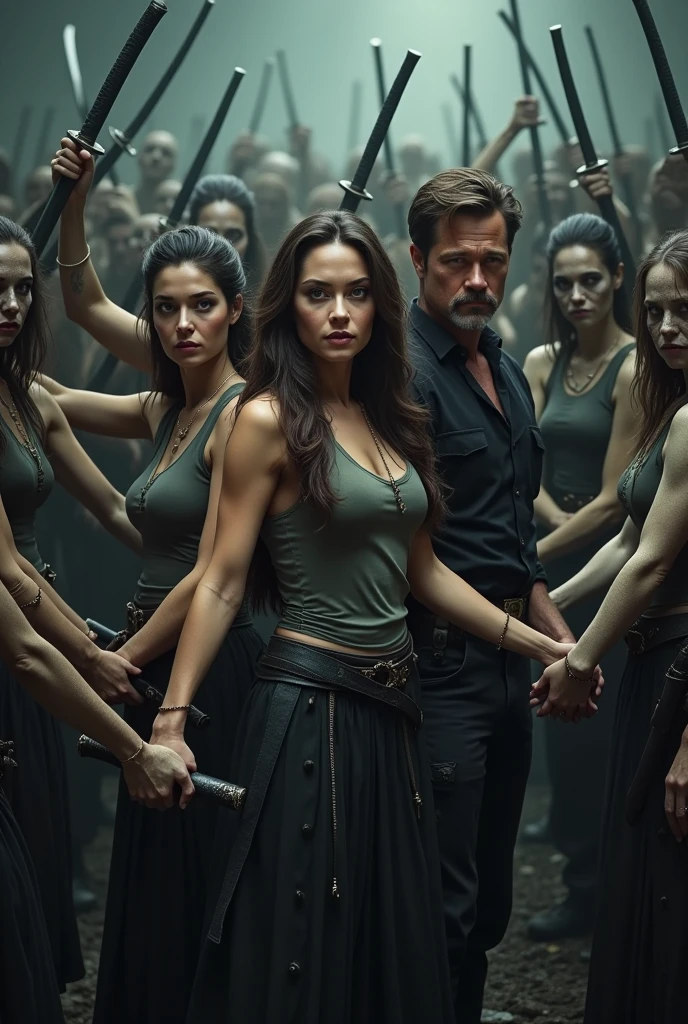 (photorealism:1.2), three adventurers Preity Zinta, Angelina Jolie and Brad Pitt surrounded by zombie women holding hands with katanas