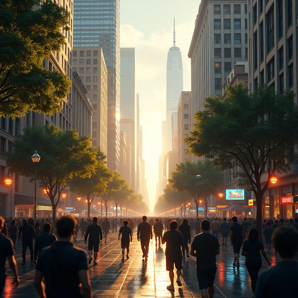 A beautiful city with tall buildings, a busy street, dramatic lighting, cinematic atmosphere, intricate architectural details, sunny day, vibrant colors, photorealistic, 8k, HDR, hyper detailed, extremely sharp focus, stunning composition, dramatic shadows and highlights, glowing lights, reflections on the wet pavement, crowds of pedestrians, cars and traffic, lush greenery, a sense of energy and movement, (best quality,4k,8k,highres,masterpiece:1.2),ultra-detailed,(realistic,photorealistic,photo-realistic:1.37)