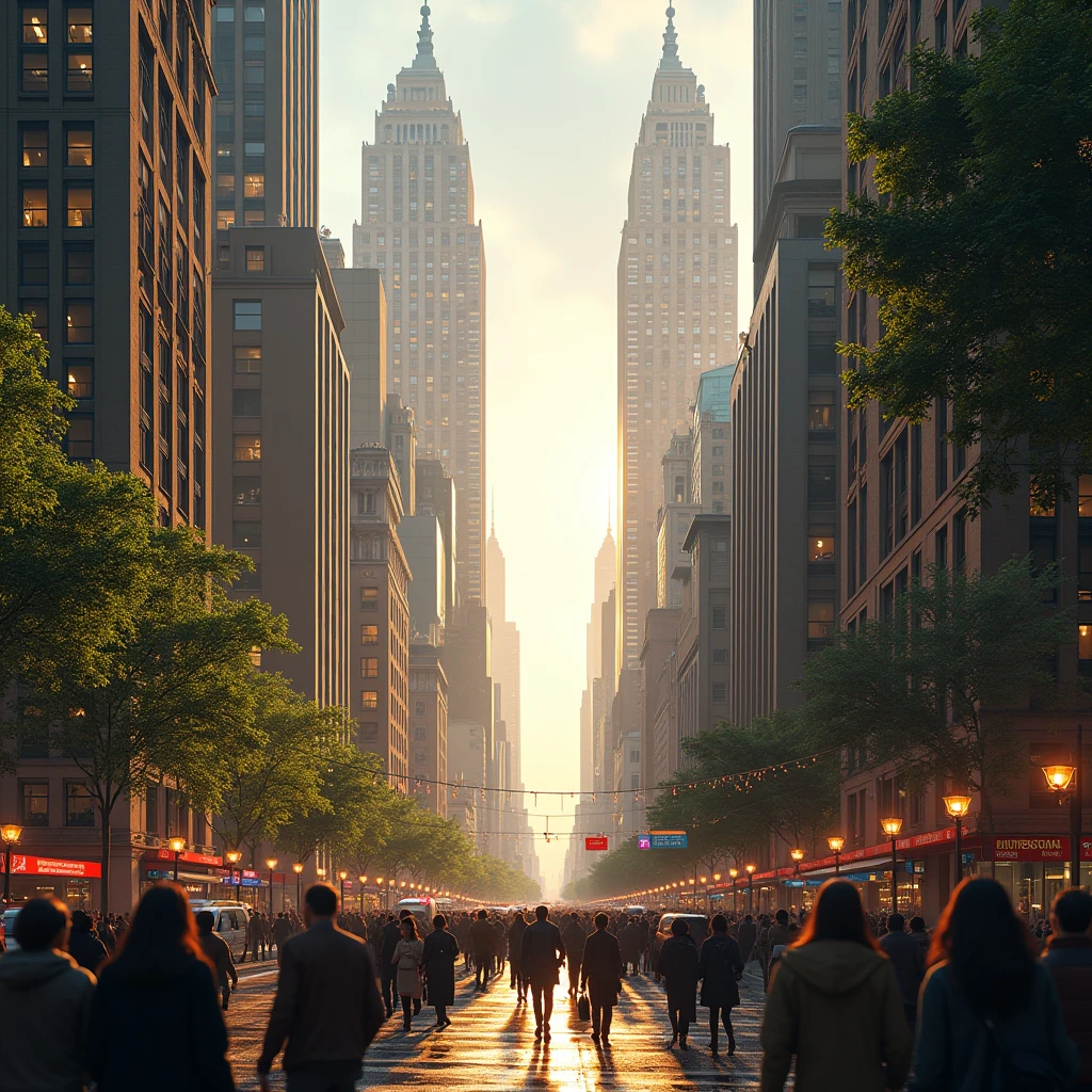 A beautiful city with tall buildings, a busy street, dramatic lighting, cinematic atmosphere, intricate architectural details, sunny day, vibrant colors, photorealistic, 8k, HDR, hyper detailed, extremely sharp focus, stunning composition, dramatic shadows and highlights, glowing lights, reflections on the wet pavement, crowds of pedestrians, cars and traffic, lush greenery, a sense of energy and movement, (best quality,4k,8k,highres,masterpiece:1.2),ultra-detailed,(realistic,photorealistic,photo-realistic:1.37)