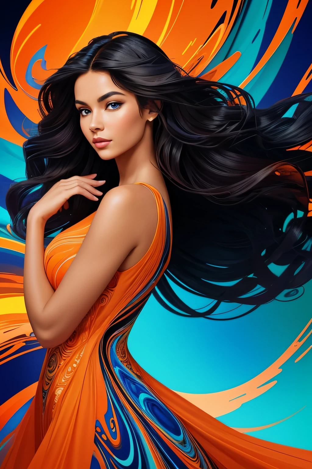 **Digital artwork of a beautiful, gorgeous woman with a serene expression, set against an abstract, swirling background of vibrant colors. The woman's skin is smooth and clear, with delicate facial features including honey-colored eyes, high cheekbones, and full lips. Her hair flows in dark, wavy locks, blending seamlessly into the dynamic background. The background is a mesmerizing mix of fiery oranges and cool blues, creating a sense of movement and energy. The woman's dress appears to be made of the same swirling patterns, with blue and orange highlights accentuating the flow. The overall style is futuristic and ethereal, with a strong emphasis on color contrast and fluid movement**