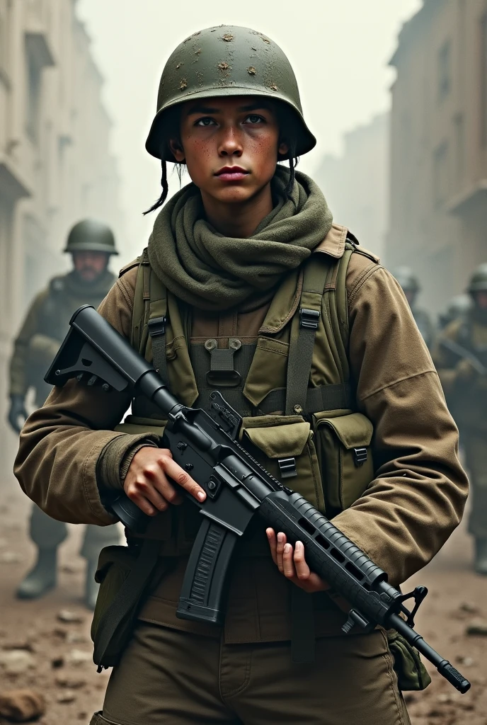 Young man in military attire, war helmet, holding a gun , had eaten