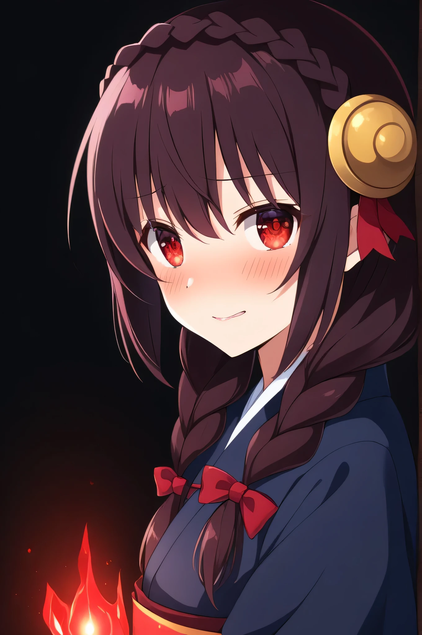 alone, One person, Yunyun, (Mouth open)、 (Embarrassed look:1.8)、Crown braids of the same color as your hair, (Glowing red eyes:1.8)、(eyes shine red:1.8)、hair ornaments,(Pale blue kimono with red floral pattern and red obi、Starry Sky、(Eyes glowing red in the darkness:1.8)