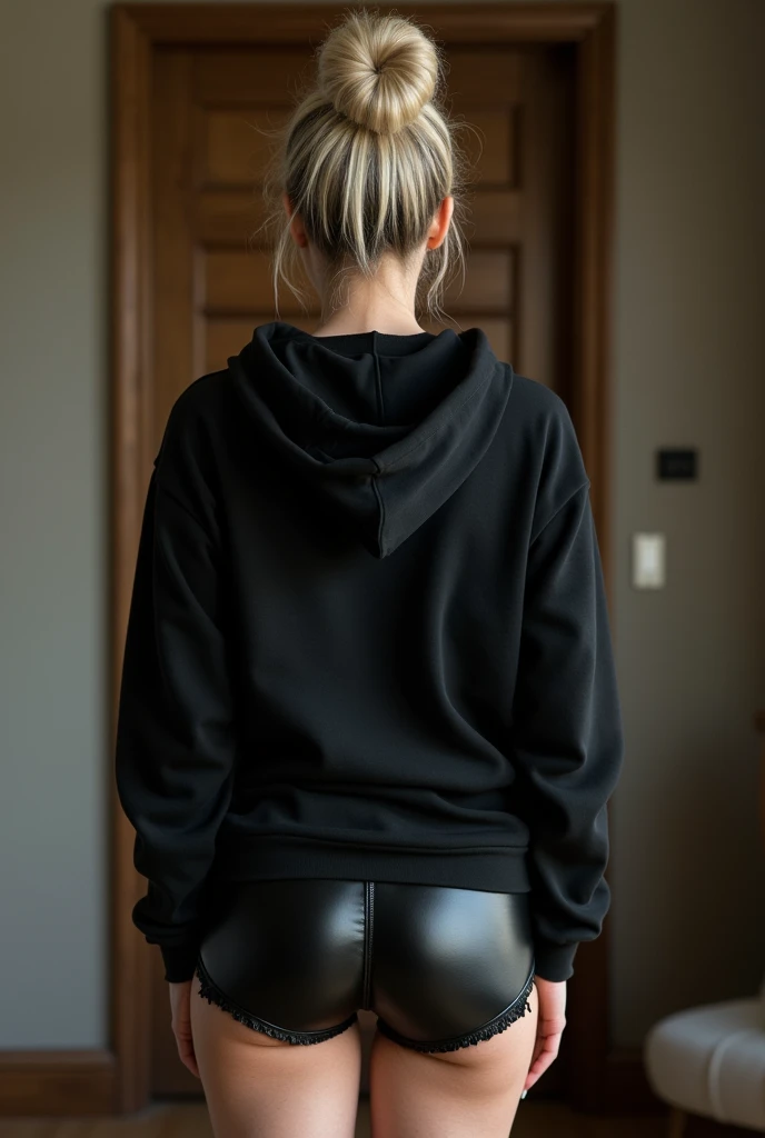 older woman hair in a bun black hoodie black leather short shorts being fucked in the ass by a old grandma in a dress