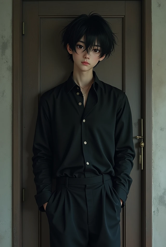 , ((1 adult boy without a beard)), ((tomboy hair with red color)), ((blue eye)), ((black shirt with long sleeves closed, with yellow buttons and white shirt collar,)) ((a light-skinned boy)) ((with white pants)) ((and brown shoes))((de corpo inteiro)) 