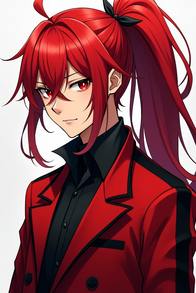 Anime boy with long red hair with a very long Diluc style ponytail with red eyes and a red designer jacket with black color
