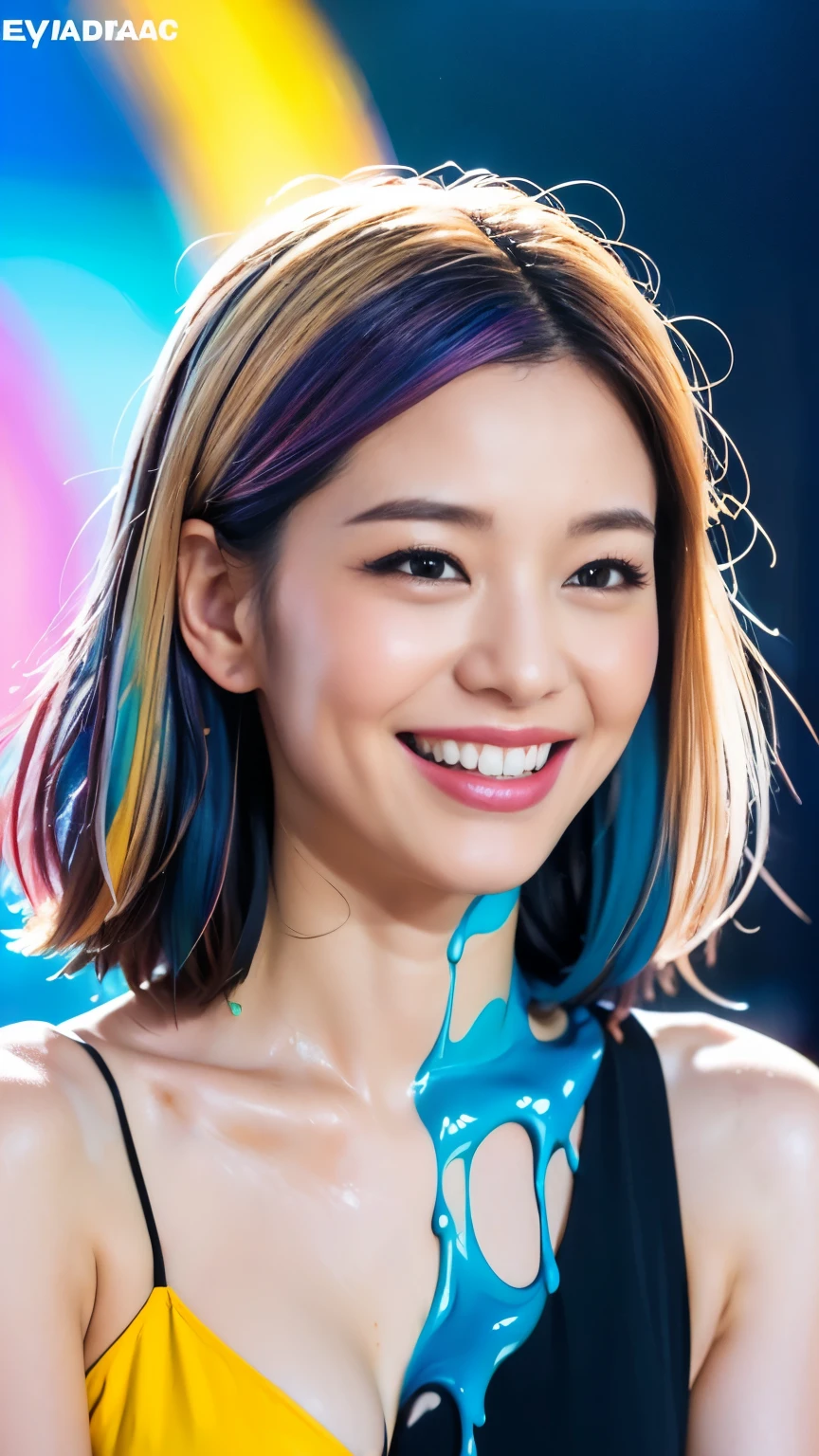 ((best quality, 8K, masterpiece:1.3, 1 girl, beautiful girl)), high resolution, Lovely, vitality, Delicate face, Delicate skin, Delicate eyes, Delicate lips, Reality, RAW photos, Natural Lighting, Perfect anatomical structure, Dynamic poses, Tight legs, Double eyelids, Tear bags, Round eyes, Moisturizes lips, (colorful body, Colored fluid on the body:1.2), Colorful hair, Rainbow hair, Colored background, Japanese Girls, Looking at the audience, Bare shoulders, Cowboy shooting, Sweating, Smile, Liquid Art, Cum on breasts, Urinating, Firm abdomen, open mouth, Half closed eyes, Nipple shape, Side Breast, , Grin, Raise your hand