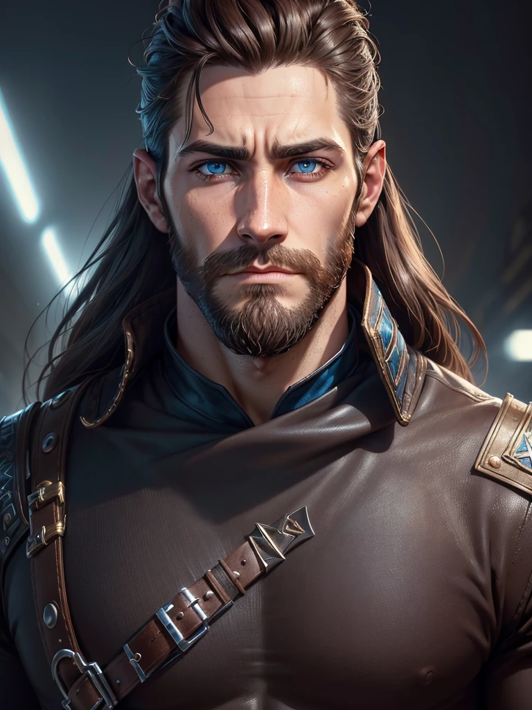 ((An attractive man with perfect body with dark brown hair and blue eyes with a serious and mysterious look)), (Jake Gyllenhaal), ((one man)), ((Wearing rock star clothes)), ((punk style)), ((absurdres)), (masterpiece 1.3), (incredibly detailed), (highres:1.1), (high detailed skin:1.4), (high quality lighting), (skin texture), (UHD), (64K), (studio lighting), (photorealistic), (hyper realistic), (symmetric face), (unreal engine), (bokeh), (high resolution scan), (professional photograph), ((stunning handsome man)), ((short beard)), ((stoic)), ((stern looking)) , (dastan character game), ((symmetrical eyes)), (strong jawline), (blue eyes), (dark brown hair), (Long hair), (1man), (solo), (dark atmosphere), (Dynamic poses)
