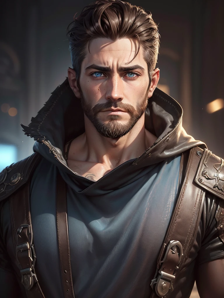 ((An attractive man with perfect body with dark brown hair and blue eyes with a serious and mysterious look)), (Jake Gyllenhaal), ((one man)), ((Wearing rock star clothes)), ((punk style)), ((absurdres)), (masterpiece 1.3), (incredibly detailed), (highres:1.1), (high detailed skin:1.4), (high quality lighting), (skin texture), (UHD), (64K), (studio lighting), (photorealistic), (hyper realistic), (symmetric face), (unreal engine), (bokeh), (high resolution scan), (professional photograph), ((stunning handsome man)), ((short beard)), ((stoic)), ((stern looking)) , (dastan character game), ((symmetrical eyes)), (strong jawline), (blue eyes), (dark brown hair), (Long hair), (1man), (solo), (dark atmosphere), (Dynamic poses)