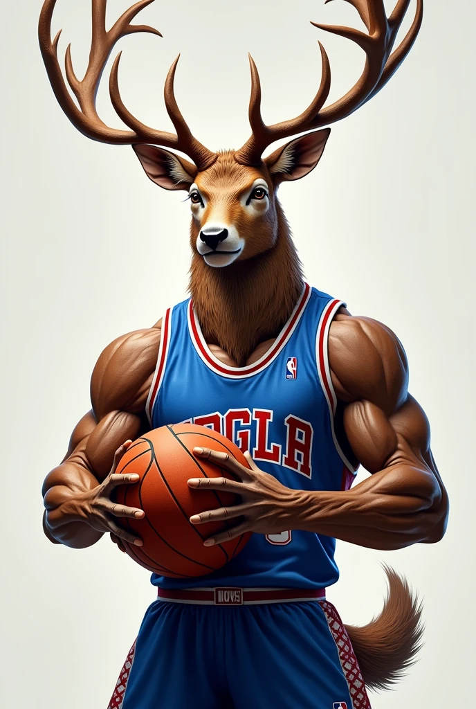 Muscular deer wearing a blue basketball jersey, Red and white. Holding a basketball 