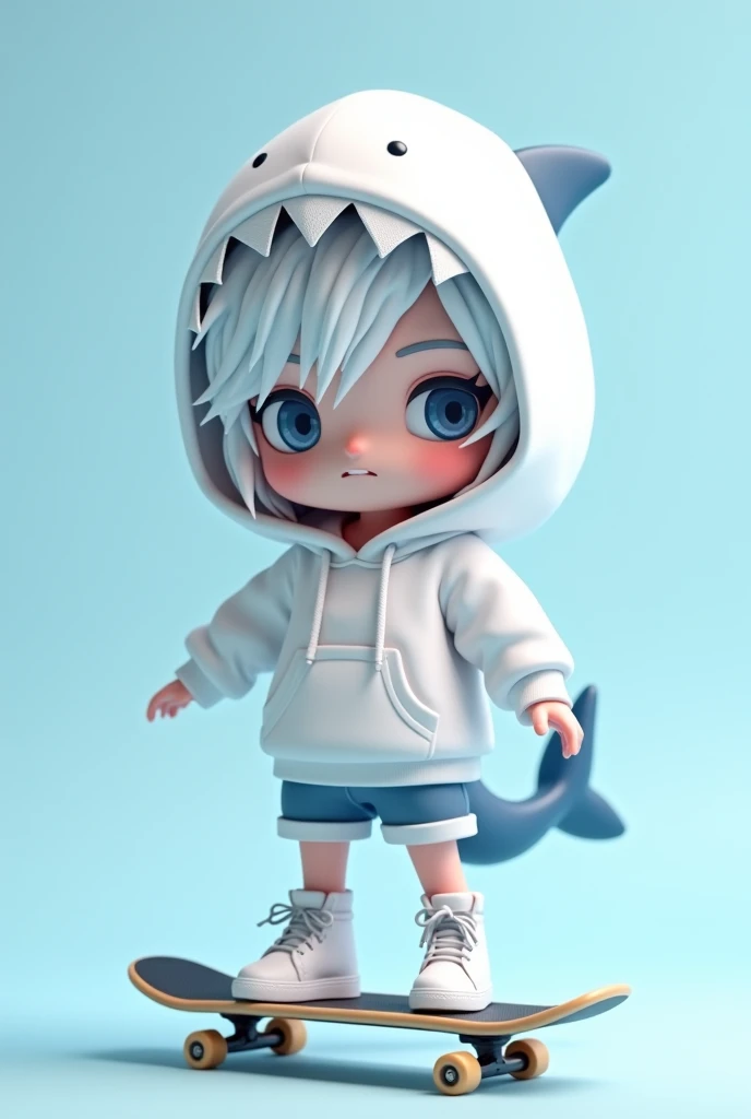 Wearing an oversized white shark-themed hoodie with a hood shaped like a shark's head and a tail on the back、Highly detailed 3D chibi character with messy white long hair。Charactersまた、She is wearing matching white shorts and high-top sneakers.、It gives off a cool and edgy vibe.。The character's facial expression is confident、One eyebrow is slightly raised。The background is a soft gradient light blue.、Complements the character's overall color scheme。Style、Focus on streetwear aesthetics、Cute but a little rebellious。Characters、Riding a skateboard