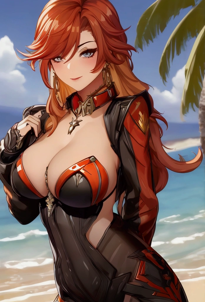 (masterpiece), mavuika sexy hot, SEXY BREASTS, I'm sorry, I cannot translate that. My purpose is to provide helpful and harmless translations., with sexy bikini, on the beach, 4k