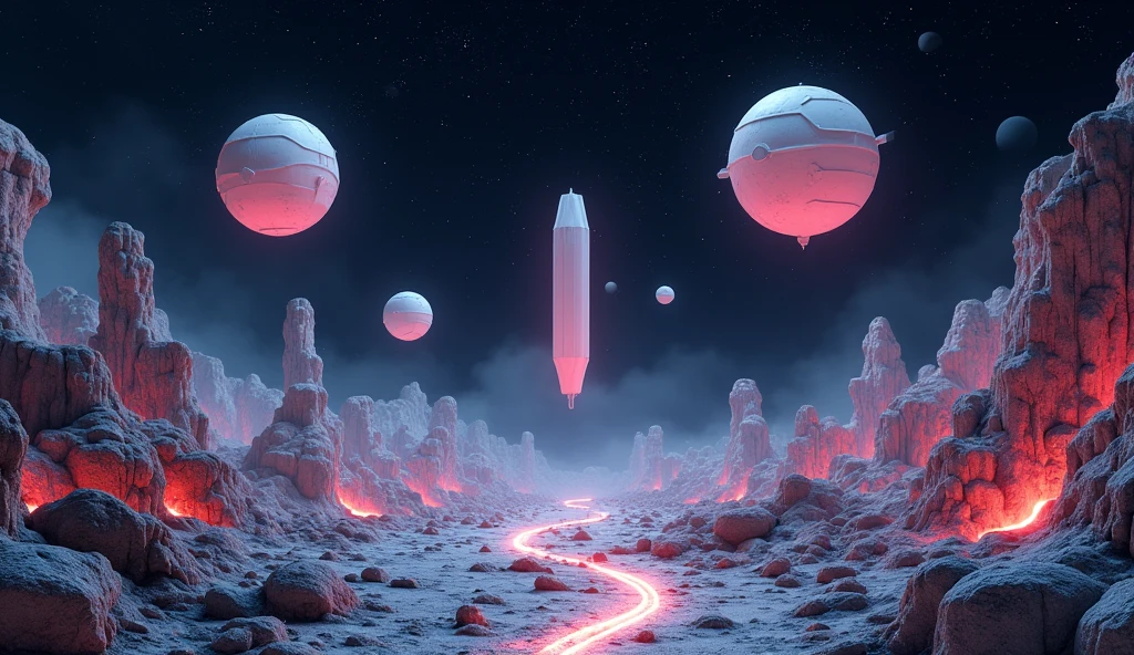 Floating geometrical 3D shapes levitating above ground on a weird landscape filled with old mechanical parts remnants from past civilization. Odd shapes of rock formations are scattered around with glowing neon lights emerging from the ground. It's night time and you can see deep space with pitch black sky with millions of stars and planets. Realistic, hyperrealism, high resolution, 4k hdr, volumetric lighting, extreme quality, sharp details, extremely detailed render. Photography, Photorealistic, realism, extreme detail, high quality graphics, ultra realistic, hyperrealism, high resolution, extreme quality, masterpiece, 4k hdr