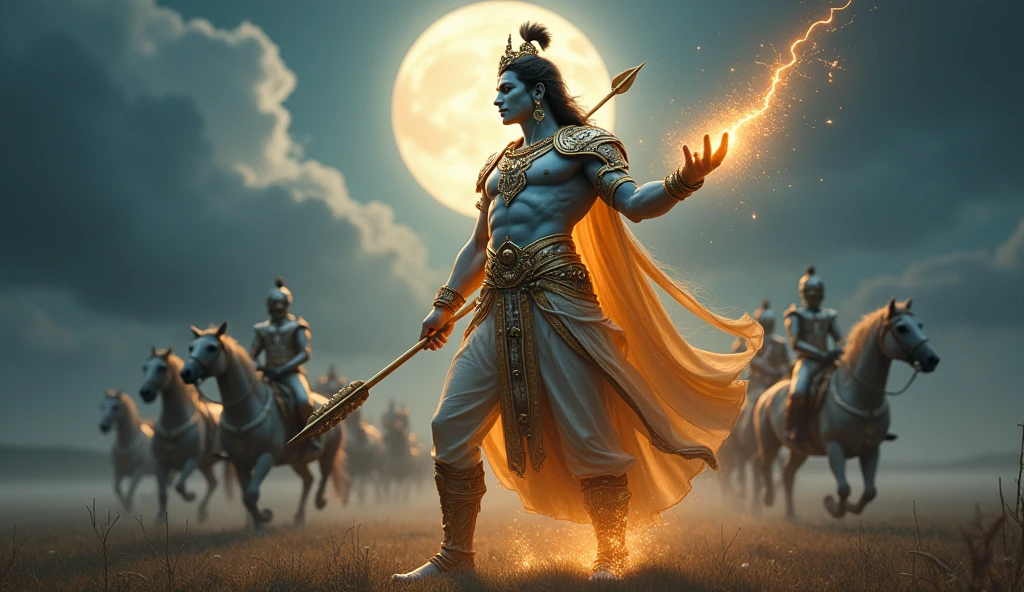 God krishna got angry with big soldiers
And he has a arrow on his right hand ,his background in moon ,Moody glow effect, and some horse are running front oh him , he ware a iron-man shot, dress colour silver-shininggold ,he is a biggest manintheworld and his eyes ah glow on gold tge way thunder is down to land , give me a landscape photo