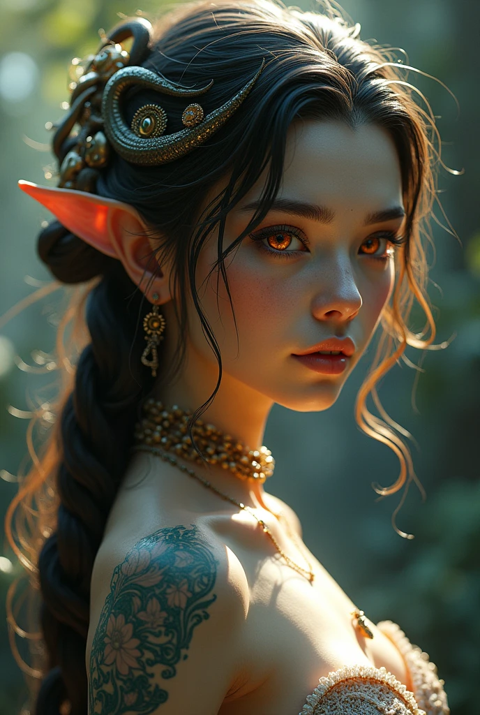 A cute young  naga girl Multiple Views, Masterpiece, Anatomically Correct, Tentacle Hair, Devil Pupils, Orange Eyes, Snake Pupils, Character Sheet Full-Length, Jewelry, Hair Ornament, Reflection Light, Cinematic Lighting, Depth Of Field, 3D Rendering, Cinematography, Cinematic, Digital Art, Unreal Engine, 