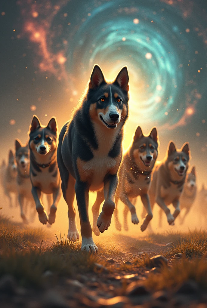 troop of 10 dogs with one in the middle being the alpha of all, the alpha commands the dog pack, and the one who commands is also a dog, make the troop thirsty for a banana wizard and now they are after the banana wizard, dogs have powers, and now they are entering another dimension, with cosmic powers