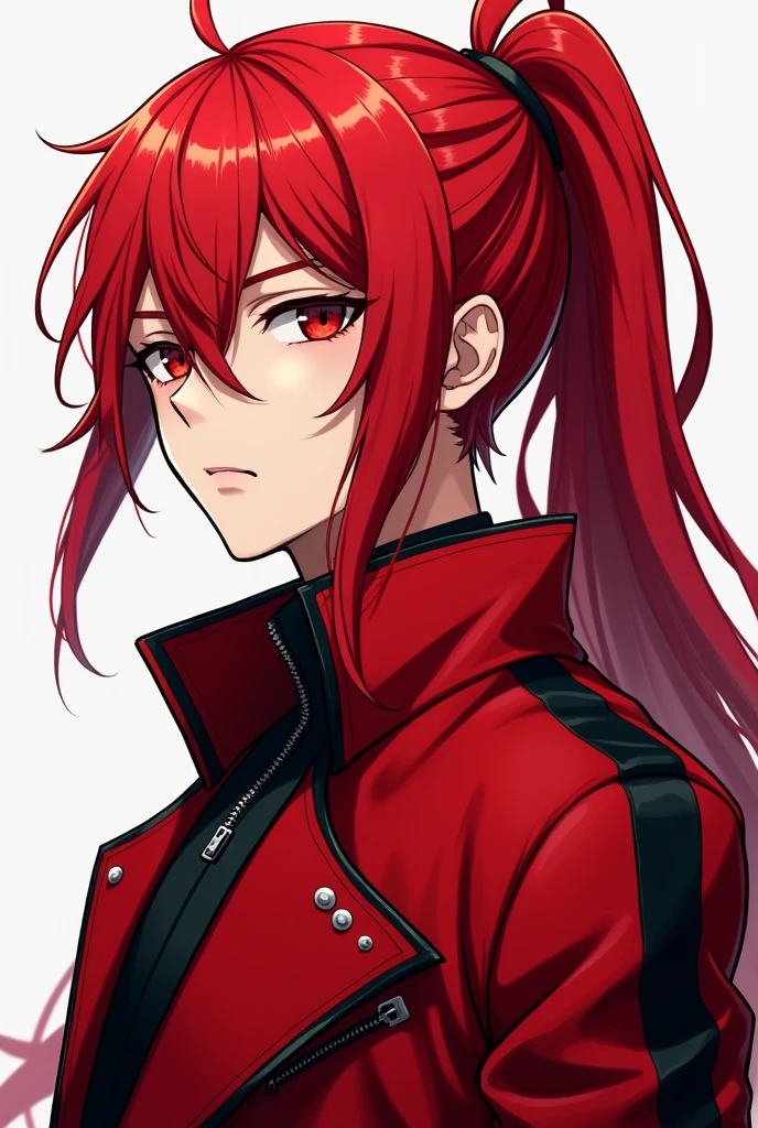 Anime boy with long red hair with a very long Diluc style ponytail with red eyes and a red designer jacket with black color